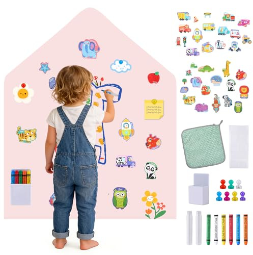 HIUYRFS Magnetischer Tafel-Wandaufkleber für Kinder mit lustigen magnetischen Puzzles, selbstklebend, geeignet für Heimdekorationstapeten und Kinderspielzimmer, Schule (Rosa + Auto + Tiere)