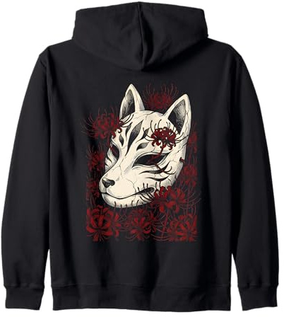 Kitsune Maschera Volpe Spirito Ragno Rosso Giglio Fiore Yokai Art Felpa con Cappuccio