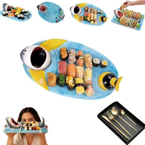 Shark Charcuterie Board, 3 In1 Shark Sushi Plate with Dipping Sauce Bowl, Funny Handmade Ceramic Shark Taco Holder, Ndles Up to 1300°c Safely, Microwave, Oven and Dishwasher Safe(Style3,1PC)