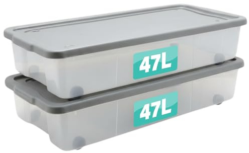Set Of 2 Plastic Storage Box with Lid & Wheels Stackable Heavy Duty Container for Home, Garage & Office Organisation Boxes Nestable Portable Multipurpose Room Organiser (47 Litre Underbed)