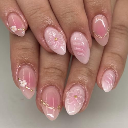 Zosutetoxo Faux ongles amande courte 3D fleurs rose ombré or ongles à coller faux ongles set pour femmes