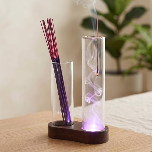 Zuria Incense Holder Lamp with 7 Color Lights, 3 in 1 Incense Holder Sticks | Wooden Upside Down Incense Burner Holder with Glass Ash Catcher for Zen Meditation Yoga Tea Spa Healing Room Home Decor