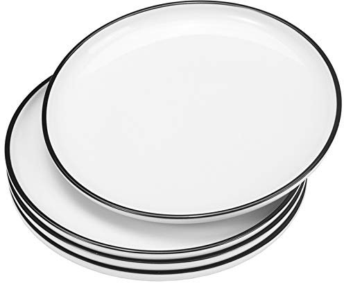 Hoxierence 25,4 cm Keramik-Teller, klassisches weißes rundes Porzellan-Serviergeschirr mit schwarzem Rand für Steak, Pasta, Pizza, Restaurant – 4 Stück