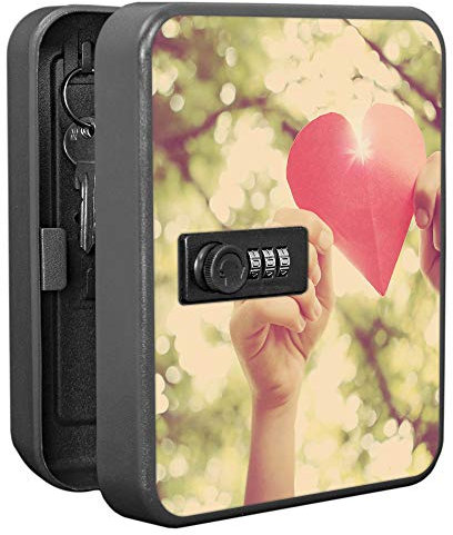 banjado Burg-Wächter Schlüsselkasten abschließbar für 20 Schlüssel/Schlüsselbox mit Zahlenschloss 16x20x8cm groß/Schlüsselaufbewahrung aus Stahlblech schwarz/Motiv Papierherz