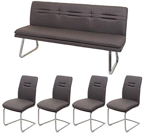 Mendler Esszimmer-Set HWC-H70 Stoff/Textil - grau-braun 180cm | Esszimmergruppe, Sitzgruppe, Esszimmergarnitur, Edelstahl, gebürstet