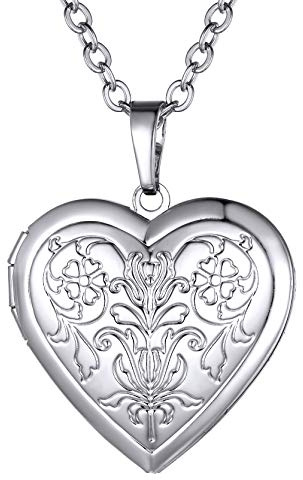GoldChic Kupfer Herz Medaillon Blumenmuster Relief Halskette Amulett Silberfarbe Damen Kette mit Bild zum aufklappen für Frauen Freundin