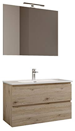 MaMa Store Atena Mobile sospeso con lavabo, specchio e lampada LED, Laminato, Quercia Naturale L. 62 X P. 47 X H. 53 Cm