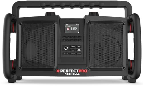 PerfectPro Baustellenradio ROCKBULL, DAB+ und UKW-Empfang, Bluetooth, AUX-Eingang, Akku integriert, Stoßfest, Inklusive Ladegerät und Lithium-Akku, IP65, RB2