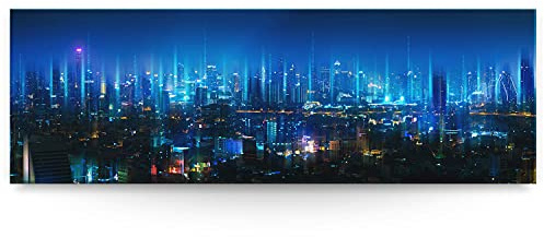 BilderKing Wandbild Skyline Cyberpunk City - 150cm x 50cm Leinwand auf Fertigrahmen + Aufhänger