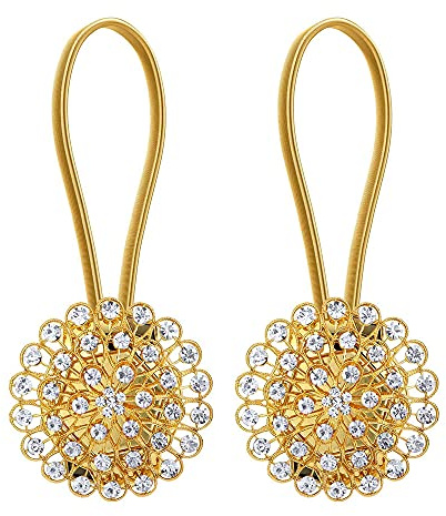 ANCLLO Magnetischer Raffhalter, Kristall-Vorhanghalter, Blüten-Diamant-Clips mit dehnbarem Drahtseil, für Heimbüro-Dekoration (Goldgypsophila) 2 Stück
