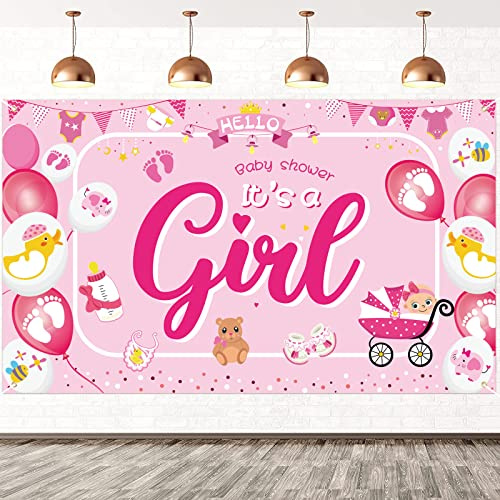 DPKOW Rosa It's a Girl Banner für Babyparty Deko Mädchen, Baby Shower Innen Haus Deko, Babydusche Foto Hintergrund Dekoration, Babyparty Wand Raum Dekoration, 185 * 110cm Stoff