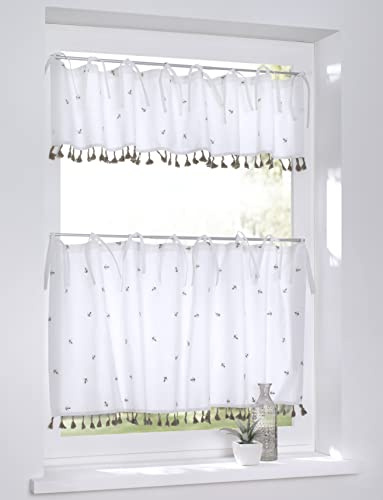 Kutti Scheibengardine Bistrogardine Panneaux Honey Landhaus gestickt Biene Natur Baumwolle Bindebänder Breite 120 x Höe 25 cm