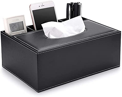 PU-Leder Taschentuchbox Household Office Tissue Box Aufbewahrungsbox | Eleganter und stilvoller Serviettenhalter für zu Hause Schreibtisch-Rechteckige mit Remote Aufbewahrungsbox, Schwarz