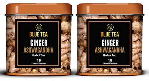 BLUE TEA - Ginger Ashwagandha Herbal Tea Bags - 36 Biodegradable Tea Bags (Pack of 2) Blend Of Indian Ginger And Himalayan Ashwagandha Caffeine-free Tea, Eco-Sustainable Tin Packaging