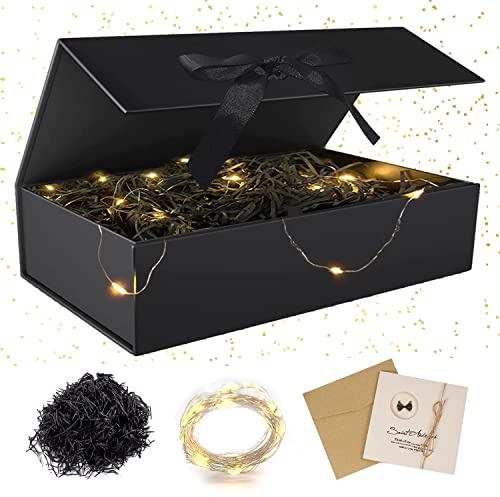 Geschenkbox mit Deckel, Geschenkbox mit Schleifen, Faltbare Geschenkboxs | Geschenkkarton mit Magnetisch, Grußkarten, Raffia Hamper Shreds, LED-Lichterkette, für Hochzeit Geburtstag Weihnachten
