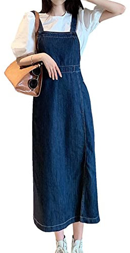 Yishengwan Donna Salopette Gonna Lunga Vestito Salopette di Jeans Senza Maniche Denim Vestiti Overall Blu L