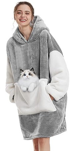 Decke Hoodie Sweatshirt Oversized,Plüsch Flauschig Kuscheldecke mit Tasche,Einheitsgröße Sherpa Kapuzenpullover für Damen Herren,Flanell Fleece TV-Decke mit Ärmel,Tragbar Ganzkörperdecke,Grau Weiß