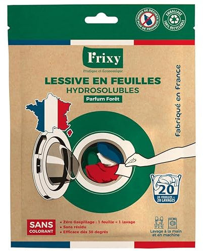 FRIXY - LESSIVE EN FEUILLES - Sachet de 20 feuilles - Fabriquée en FRANCE - Pré-dosée (1 feuille = 1 lessive) - 100% hydrosoluble - Facile à utiliser et ranger
