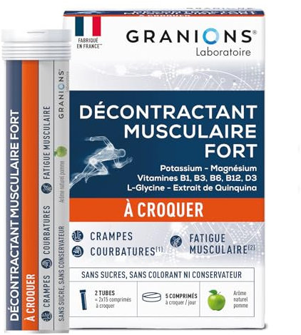 GRANIONS Décontractant Musculaire Fort à croquer | Soulagement rapide des crampes, courbatures, contractures et fatigue musculaire | Minéraux potassium magnésium | Vitamines B6 | goût pomme sans sucre