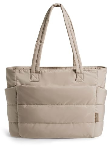 BAGSMART Tote Bag for Women, Lightweight Puffy Tote Bag with Compartments Shoulder Bag Handbag for Travel, Work, Gym (c-Standard Size-Grayish Brown, Standard Size)