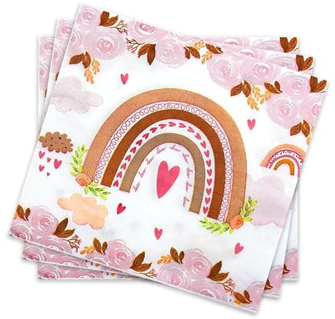 PXBSNB 60 Stück Boho Regenbogen Servietten, 33 x 33 cm Regenbogen Servietten, Einwege Servietten Geburtstag, Schöne Papierservietten Blumen für Hochzeit Tischdeko Taufe Deko