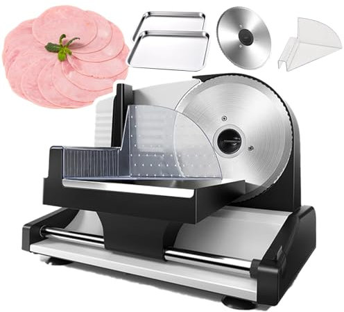 pedenencelia Cortadora Alimentos Eléctrica para Fiambres/Cortadora Carne,con Cuchilla Acero Inoxidable Extraíble 19 Cm Y 2 Bandejas Y Empujador Alimentos,Grosor Ajustable,Cortadora Pan