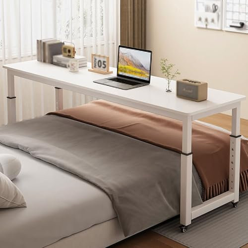 Betttisch Auf Rollen Höhenverstellbar Massivholz Mobile Laptop Schreibtisch Esstisch Dual Pole Verstärkte für Home, Krankenhäuser(White,150x50cm)