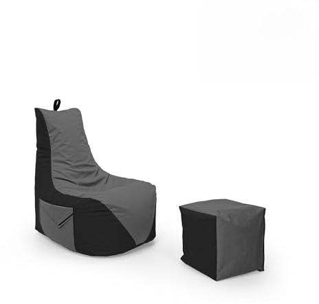 Nadimaideal Gamer Sitzsack Komfort XL - XXL für Kinder, Teenager & Erwachsene | Indoor & Outdoor | Sitzsack Gaming | Füllung EPS Perlen (Schwarz - Anthrazit, Sitzsack XXL mit Hocker)
