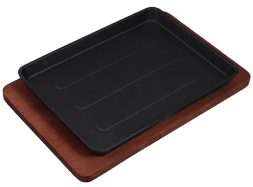 Cabilock Sartén para Fajitas de Hierro Fundido Grande 23,2x17,5 Cm con Base de Madera Resistente Distribución Uniforme del Calor para Cocinar Carne y Pescado en Cocina Doméstica y Restaurante