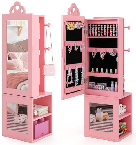 COSTWAY Kinder Schmuckschrank, 3 in 1 Spiegelschrank mit Ganzkörperspiegel & Kleiderständer, Schmuckständer mit Haken & Ablageflächen, Schmuck Organizer für Mädchen ab 3 Jahren (Rosa)