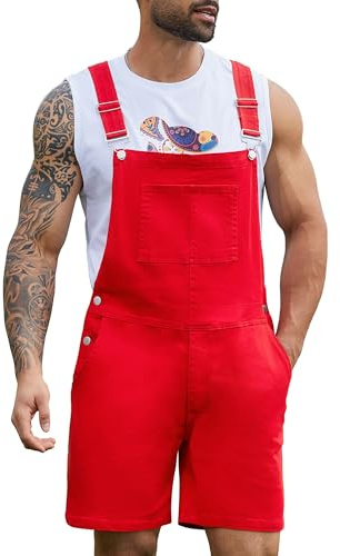 Bindefon Men's Denim Bib Overalls Work Jumpsuit Shorts Male Coveralls(Red,M)
