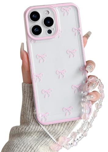 NITITOP for iPhone 16 Pro Case Cute Clear Bow Chain,Pink