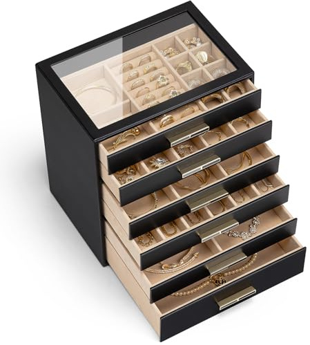 Vlando Schmuckkästchen Groß, Schmuckkasten mit 6 Ebenen, Schmuck Organizer mit Glasdeckel, 6 Schubladen,für Halsketten, Ohrringe, Uhren, Armbänder, Schmuckaufbewahrung, Modern, Cinderella Plus,Schwarz