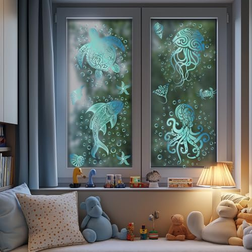 ANATTASOUL Fensterbilder Doppelseitig Oktopus und Schildkröte Fensterdeko Wiederverwendbar Fenstersticker Blickdichter Fenster Aufkleber Deko Frühling Sommer für Glas Kinderzimmer Badezimmer