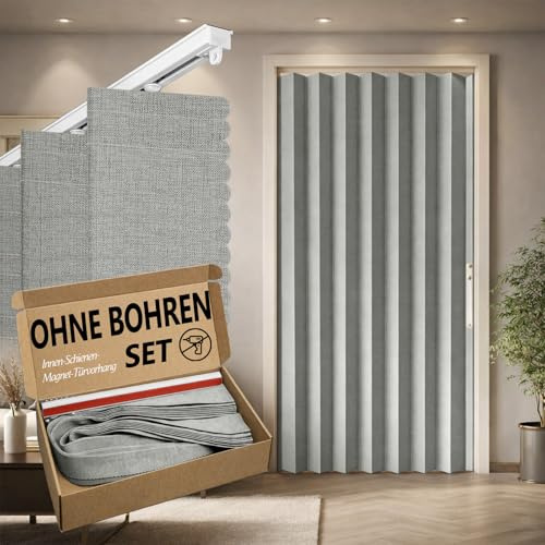 Jilron 100% Blickdichter Türvorhang – Faltbares Akordion-Design mit Magnetverschluss & Klebemontage ohne Bohren, inkl. Schiene – Für Terrassentüren oder Glastüren, Grau, 201x180 cm