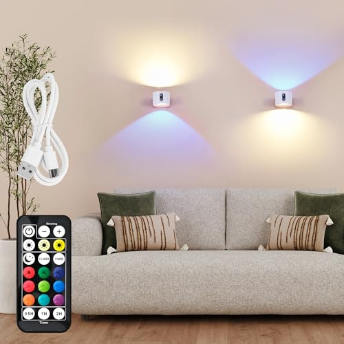 LuminexDesigns 2er LED Wandleuchte Innen Akku – Kabellos RGB Wandlampe Weiß – Touch Dimmbar mit Fernbedienung – Aufladbar Spots zum Kleben Ohne Bohren Ohne Strom für Bett Treppenhaus Bild AURI WL01