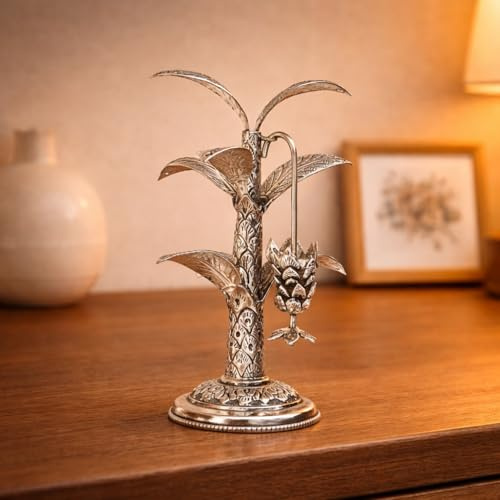 Natriel German Silver Banana Tree Showpiece, Traditional Design, Metallic Base, Decorative Home Accent, Silver, 7.5x5x3 Inches, Table Centerpiece Hanging Fruit