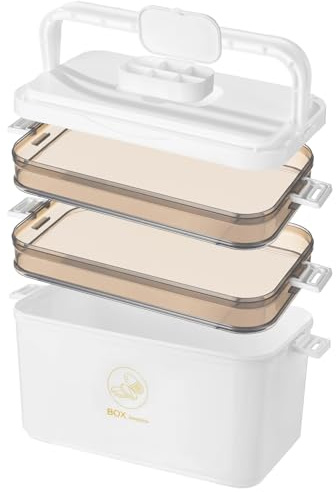 Varku 3-stufige Medikamentenaufbewahrungsbox, Tragbarer Medikamentenbox Groß mit 6-Fächer Tablettenbox, 30 x 16 x 24 cm Hausapotheke mit klappbarem Griff, Multifunktionale Medikamentenbox