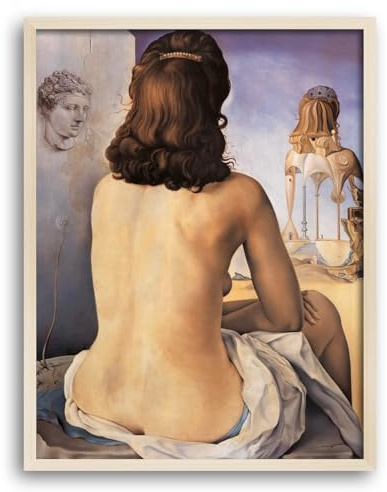 Salvador Dalí Kunstdruck „Rückenakt“ – 60x80 cm MDF Wandbild mit kräftigen Farben – inkl. Rahmen in Ahorn Dekor (64x84 cm) – aufhängfertig – Reproduktion Made in Germany