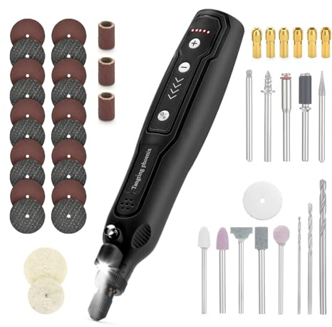 Tangting 45-Pc Cordless Rotary Tool, Rechargeable, 5-Speed & LED(Black) | 3-15K RPM,200-min batt,90-min fast chg,pen grip,brushless motor,2-yr warranty,wood/metal/glass/resin,accessories kit