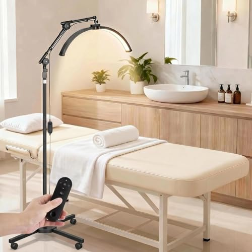 Halbmond Lampe für Wimpern 30W, 4000LM LED Wimpern Lampe Kosmetiklampe Höhenverstellbar 145-205 cm, 360° Drehbarer Lichtkopf, 3 Farbtemperaturen & 10 Helligkeitsstufen, mit Fernbedienung & Handyhalter