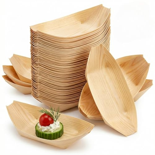 MIJOMA Snackschalen aus Kiefernholz 60 Stück – Fingerfood Schalen nachhaltig & kompostierbar – Holzschalen für Party Buffet Catering – Holz Schiffchen für Appetizer & Snacks