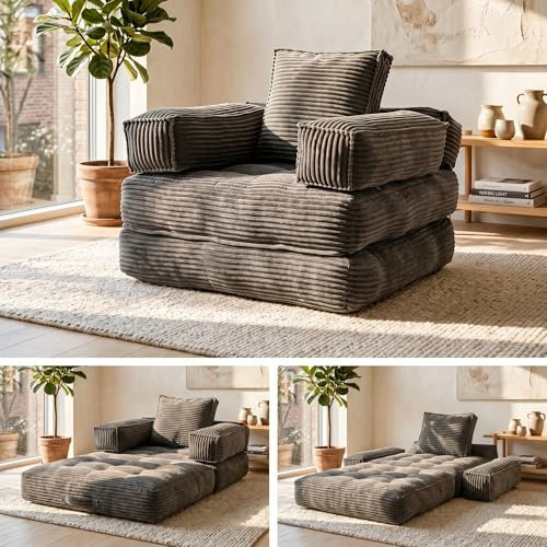 PREMTURE Foldable Single Sofa Bed Chair, Corduroy Lounger, Dark Grey | Adjustable armrests offer comfortable sitting and reclining, while the compact design suits studios, dorms and small rooms.