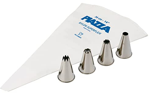 PIAZZA Set per Dolci - Sac a Poche Professionale 34 cm + 4 Beccucci in Acciaio Inox da 12mm - Per Realizzare Decorazioni su Dolci, Torte e Pasticcini, Sacca Riutilizzabile in Resistente Nylon