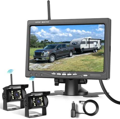 1080P HD Kabelloses Rückfahrkamera-Set, 7-Zoll-LCD-Monitor mit 2 Rückfahrkameras für Anhänger, Wohnmobil, LKW, Auto, Bus, DIY-Führungslinien, IP68 wasserdicht, Nachtsicht, BSD, 12 V-36 V