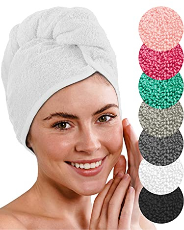 LAYNENBURG 2 st lyxig turbanhandduk med knapp för kort långt hår - bomullssvamp - 8 hårsnören gratis - snabbtorkande och superabsorberande hårtork (vit)