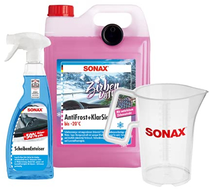 SONAX Winter Edition Zirbeduft gebrauchsf. AntiFrost+KlarSicht bis -20 °C, ScheibenEnteiser 750ml Flasche und exklusiver 1L Messbächer für schnellere & schlierenfreie Scheibenreinigung