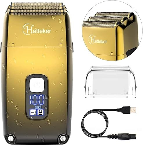 Hatteker Triple Blades Folienrasierer Elektrorasierer Rasierer für Männer Close Glatze Barber Shaver Trimmer Wasserdicht Wet & Dry, Kabellos, Gold