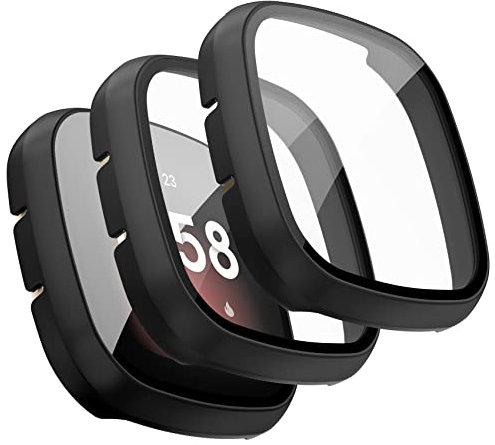 AK 3 Stück Schutzhülle für Fitbit Versa 3 / Fitbit Sense Hülle, PC Hard Hülle mit Hartglas Displayschutz für Fitbit Sense/Versa 3 (Schwarz x 3)
