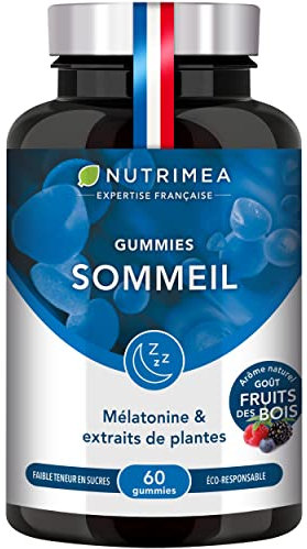 Gummies Sommeil - Mélatonine 1,9 mg - Qualité du Sommeil et Endormissement Rapide - Avec Passiflore, Eschscholtzia et Mélisse - Fabrication Française - 60 Gummies Vegan - Goût Fruits des Bois